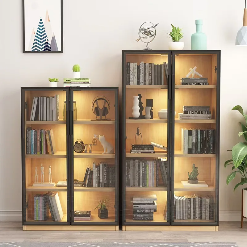 Solid wood glass door bookcase modern simple light luxury living room shelf storage cabinet
