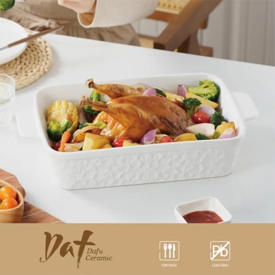 Cazuela rectangular grande de 4,2 cuartos para horno, bandeja para hornear de porcelana de 9x13 pulgadas de profundidad con asas, duradera y resistente al calor