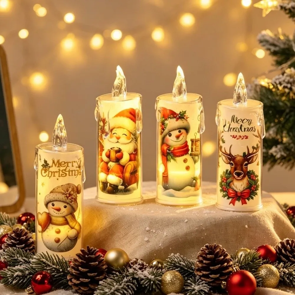 4PCS Flickering Christmas Flameless Candles Electric Cartoon Printed LED Pillar Candles Versatile Convenient Lights Fake Candles