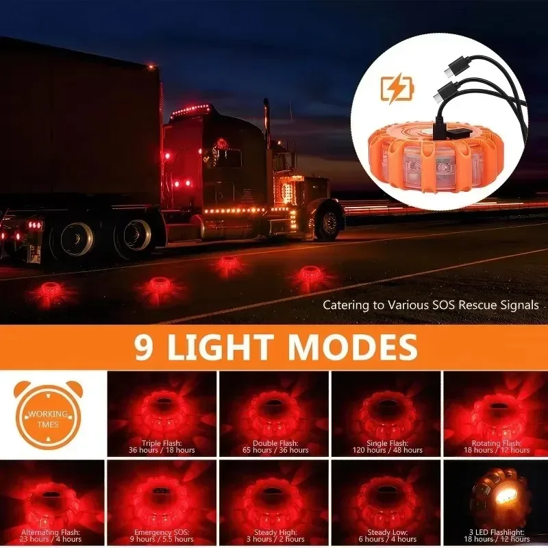 USB Rechargeable Strobe Light Flashing Led Road Flares Traffic Warning Light for Car Vehicle Roadside Safety Emergency