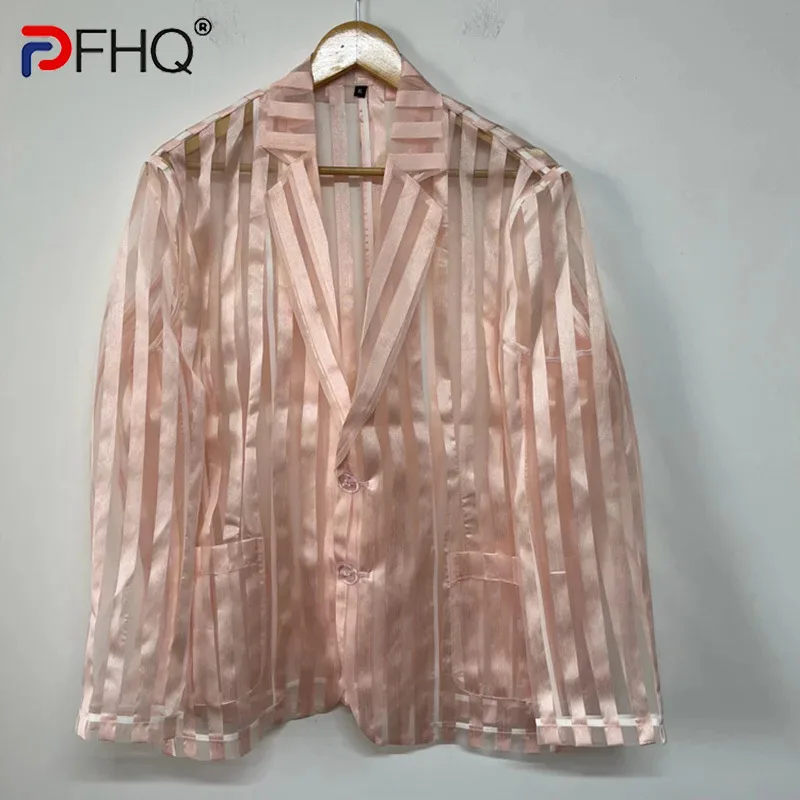 PFHQ Striped Men's Blazers Perspective Organza Simple Versatile Sun Protection Coat Summer Personalized Advanced Jackets 21Z4547