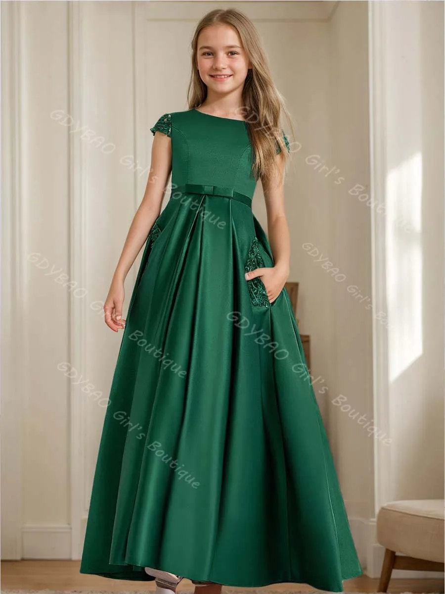 Customized Girls Pageant Dress With Pocket Green Princess Flower Girl Dresses 2-14Y Kids Sequined Lace Satin Wedding Party Gown