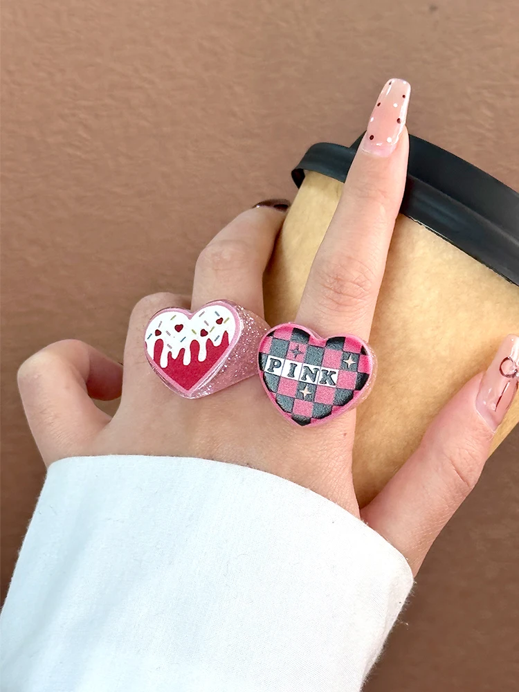 

American Vintage Acrylic Girl Heart Pink Ring Sweet Heart Geometric Resin Ring