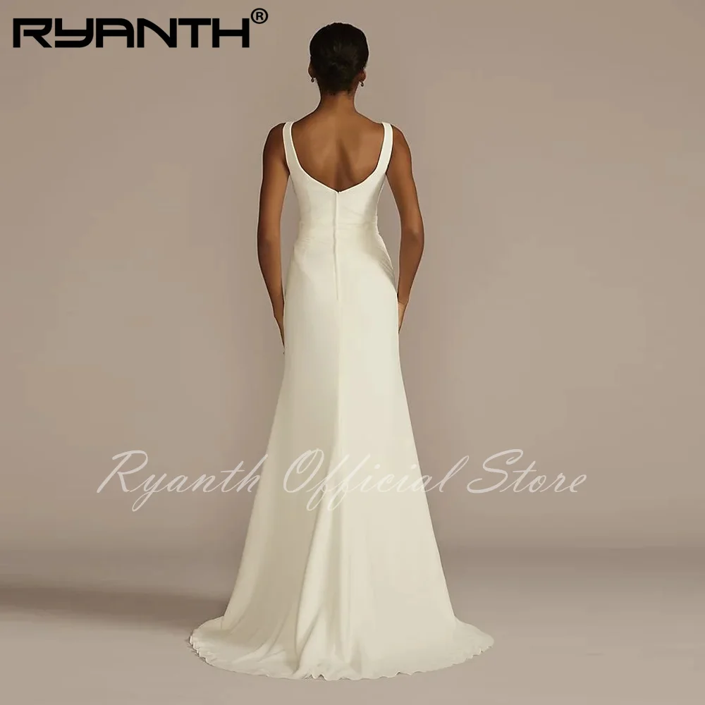 Ryanth New Simple Elegant Chiffon Wedding Dress Modest Minimalist A-Line Bride Gown Pleated V-Neck Sweep Train Vestidos De Novia