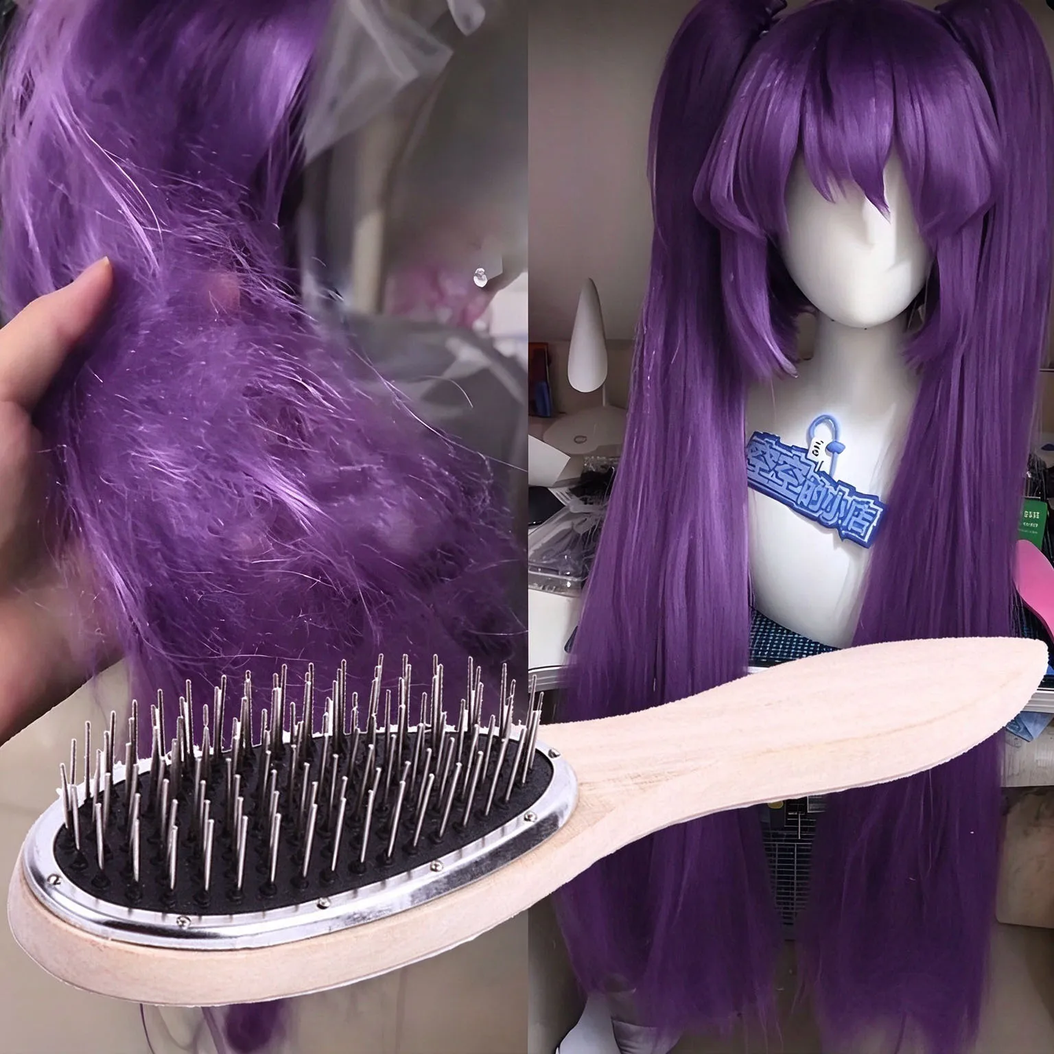 Professional Wigs Care Hair Brush Wooden Handle Metal Steel Pins Detangling Wig Comb For Synthetic Hair & Hair Extensions