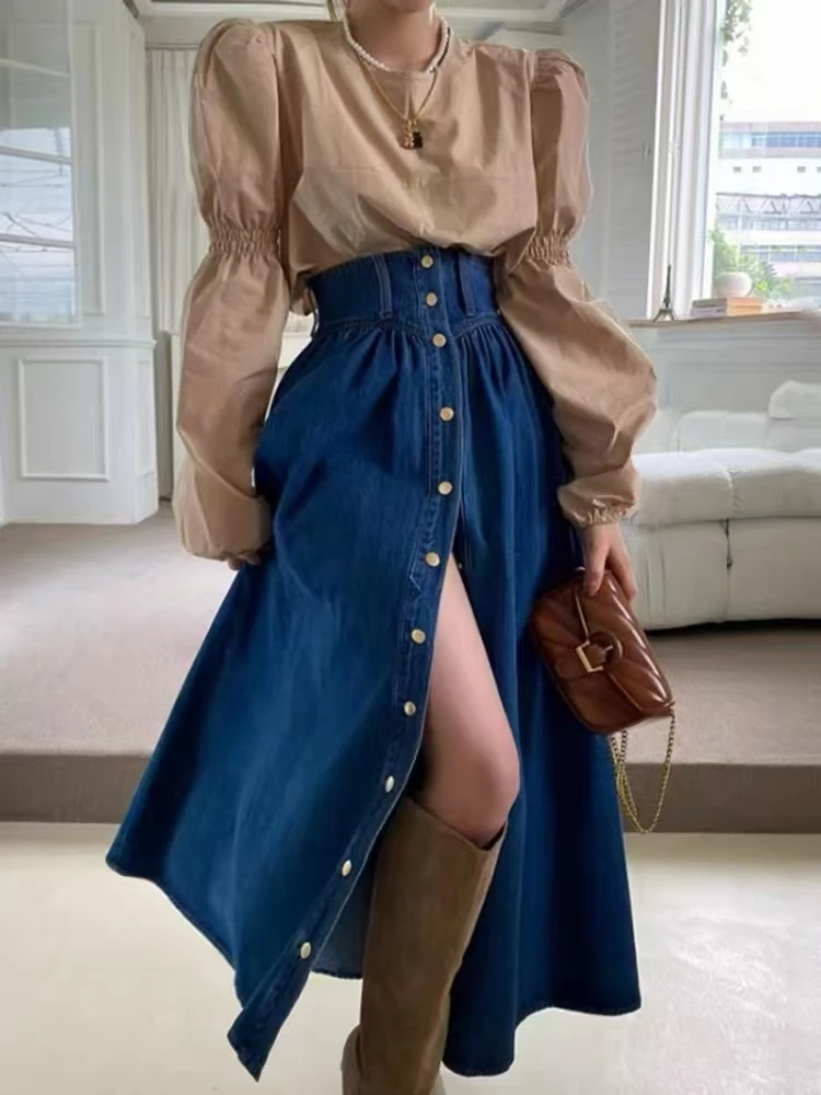 تنورة ميدي نسائية بخصر عالٍ وقصة A-line، بتصميم ريترو مغسول، بزر واحد، فضفاضة، مطوية، بتصميم مدمج، من الدنيم المطوي، عصرية، م...