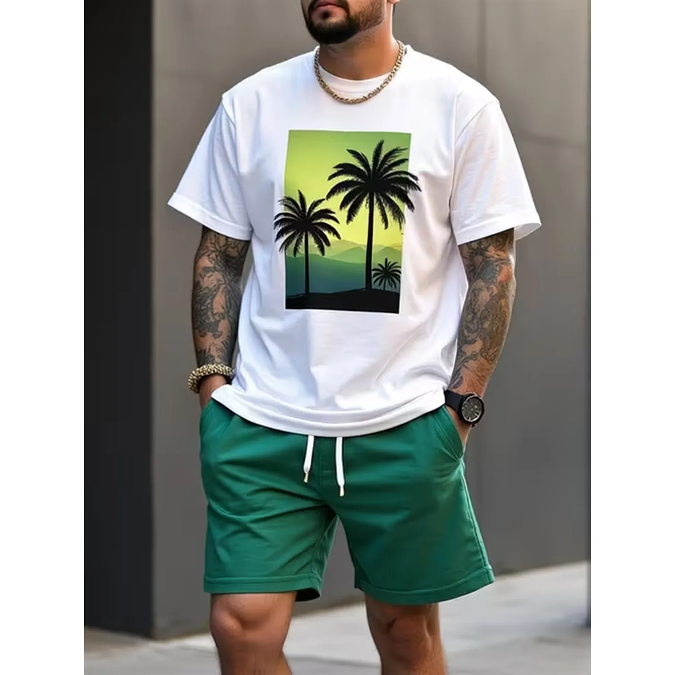 1Pc Ycj Mens Tree And Gradient Yellow Print T Shirt Lightweight And Breathable Loose Short Sleeve T Shirt Loose Round Neck Summer Shirt
