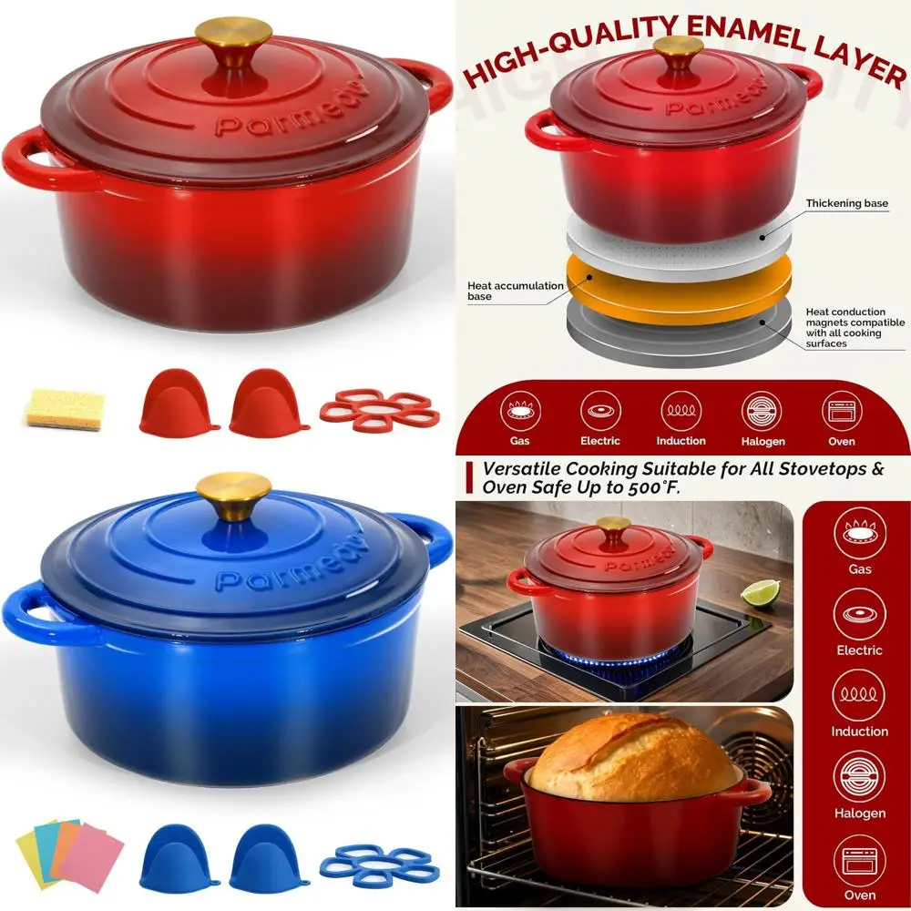 

Enameled Cast Iron Dutch Oven - Heavy-Duty Red Pot with Lid and Dual Handles, Perfect for Bread Baking, Stews, Roasting, and Mor