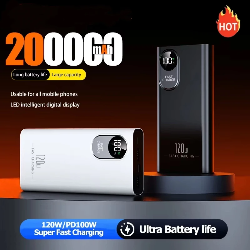 

New 200000mAh LED Digital Display Power Bank High Capacity 120W Super Fast Charging Portable External Battery For IPhone New