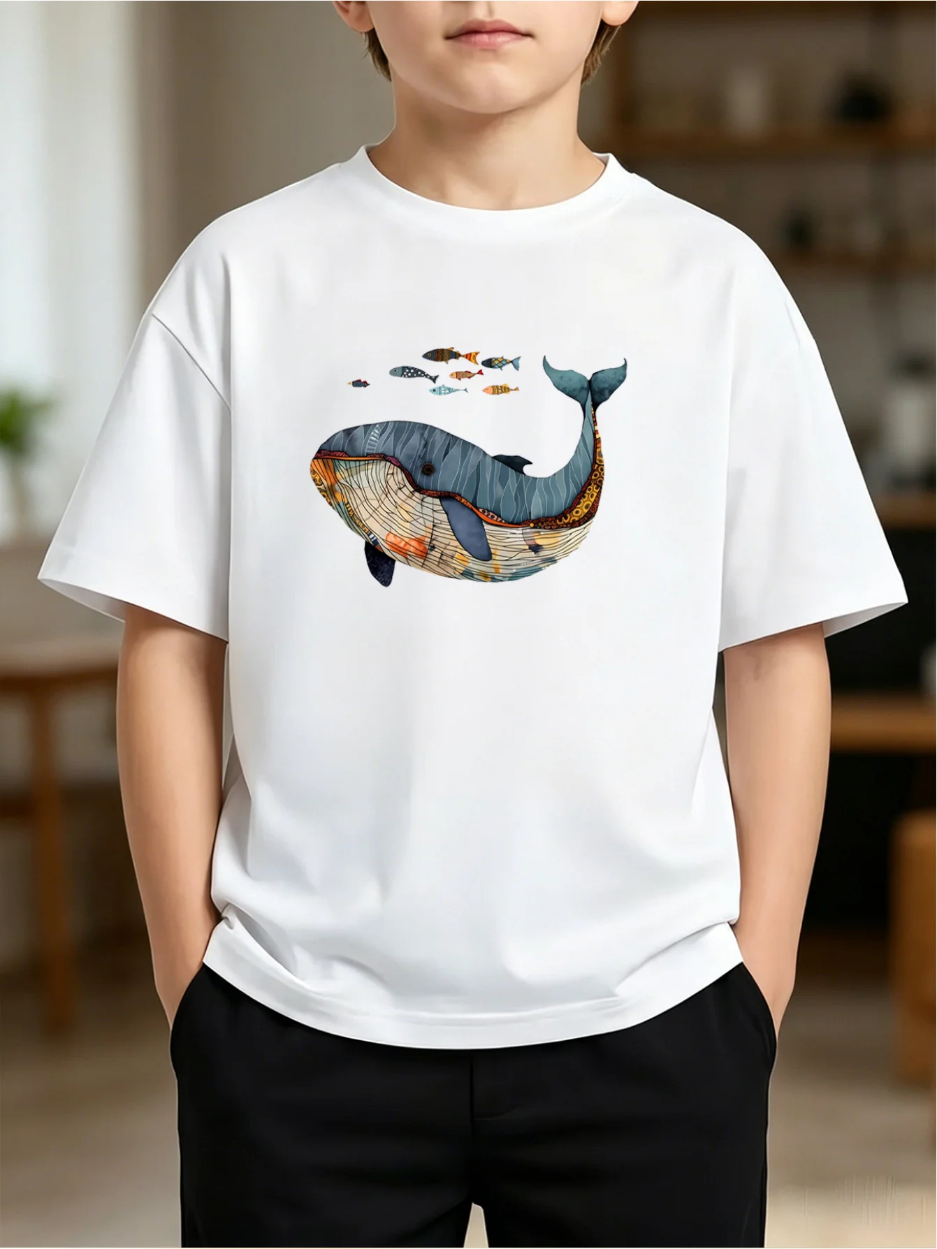 Art Style Big Whale Print Kids T Shirt Boys Girls Sea Creature Short Sleeve Tee Family Matching Children Casual Daily Wear Top