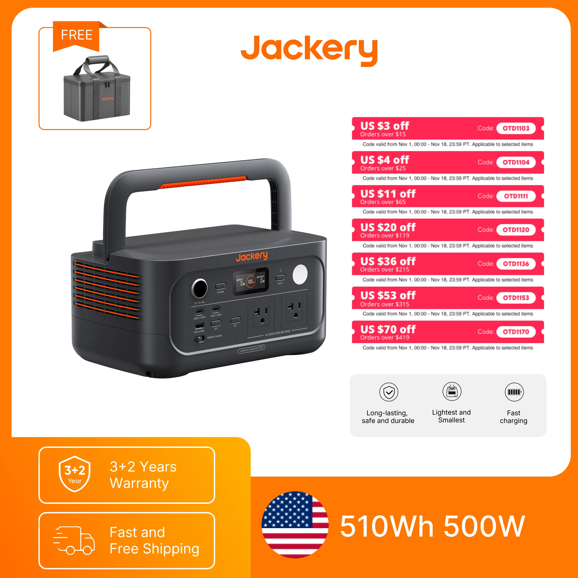 Jackery Portable Power Station Explorer 500 v2 and Carrying Case (S), Solar Generator for Home Use, Emergency Backup, Road Trip