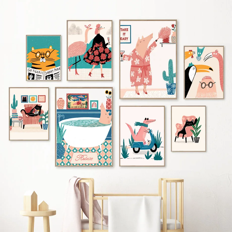 Mural de arte de pared de animales divertidos, leer, gato, baño, cerdo, compras, avestruz, Cocodrilo, lienzo, pintura, póster, imagen impresa, decoración de sala de estar