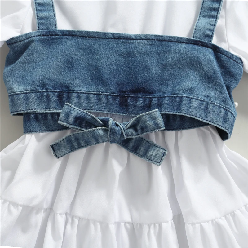 Moda crianças roupas da menina do bebê cor sólida manga longa camisa vestido denim miçangas colete 2 pçs roupas