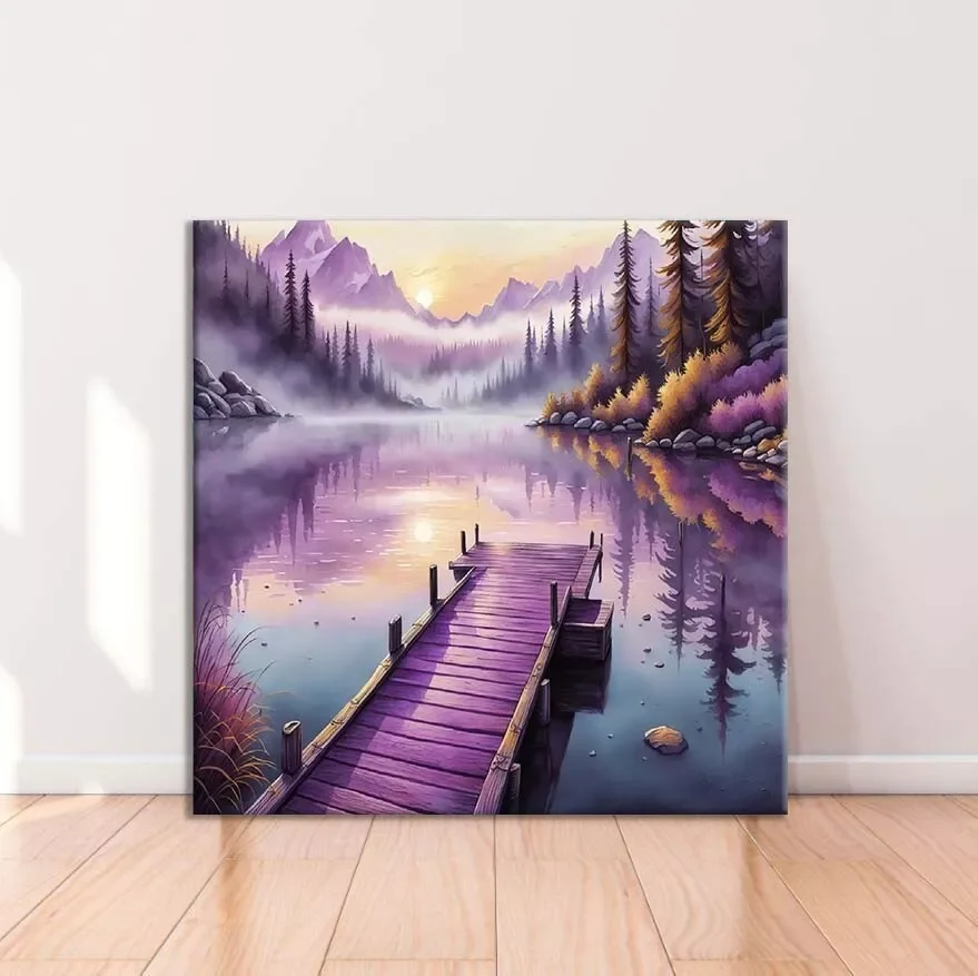 Lakeside purple pier canvas painting print, art poster mural high quality home decor for bedroom, hallway, unframed