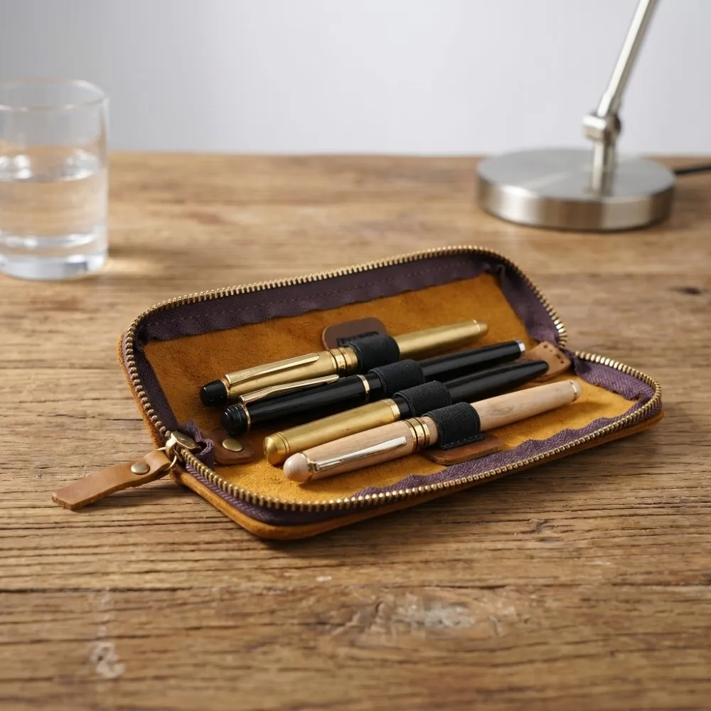 Portable Handmade Pencil Case Zipper Closure Compact Pen Bag Retro Cowhide Pen Protective Sleeve Business