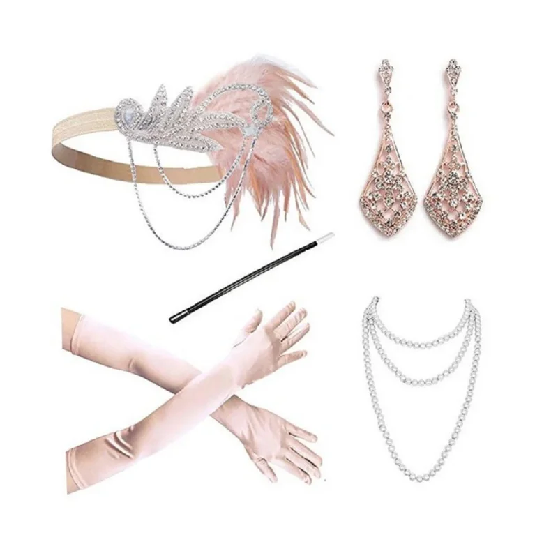 Champagne 1920s Accessories Set Vintage Peacock Feather Hair Band Suit Headdress Necklace Gloves Cigarette Great Gatsby Cocktail