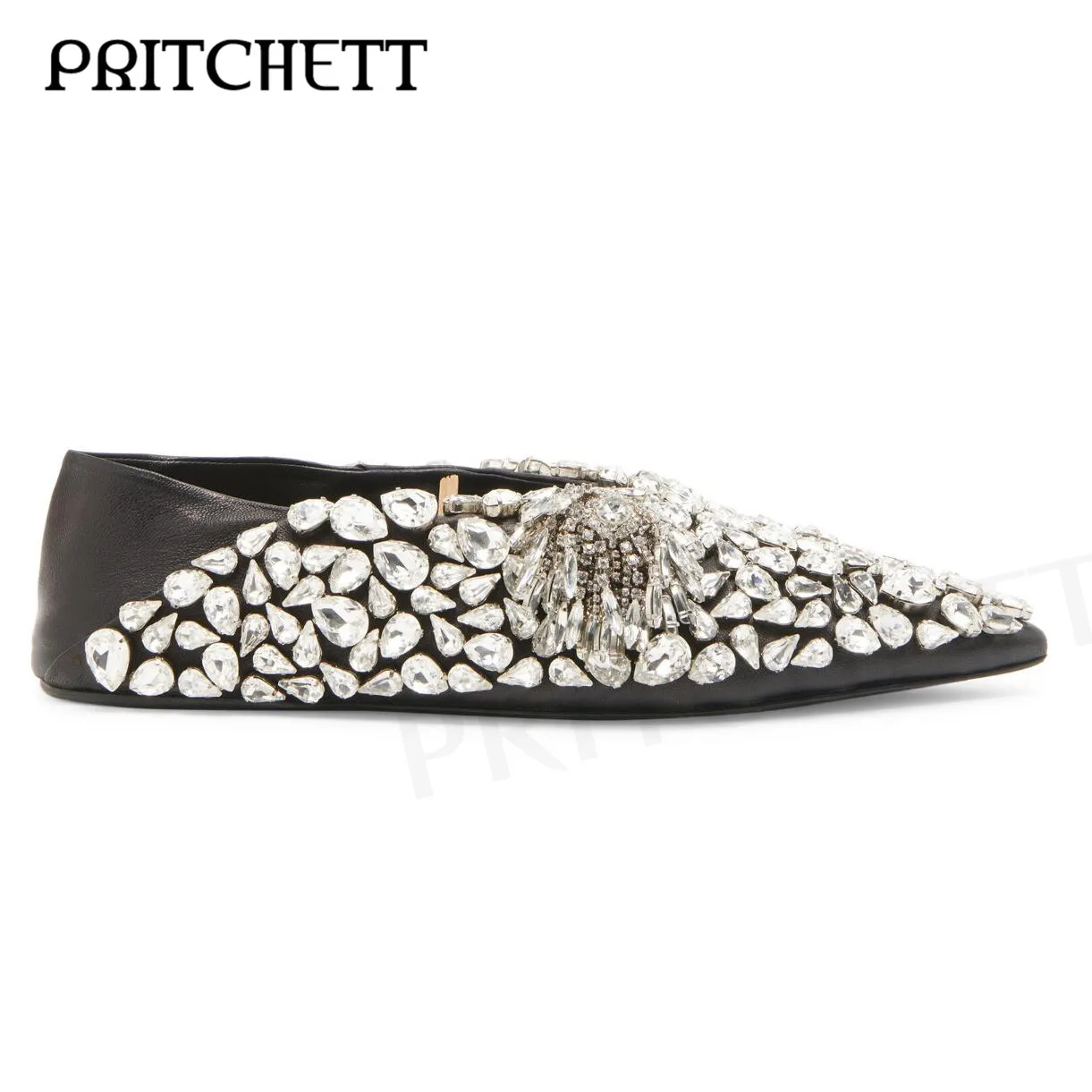 

Rhinestone Black Leather Spliced Flat Shoes Pointed Toes Luxury Irregular Gemstone Slip-On Shoes Fashionable Women's Shoes