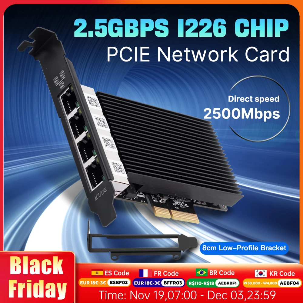 PCI-E карта Fenvi 2500 Мбит/с к RJ45, сетевая карта I226, чип 2,5G 100/1000/2500 Мбит/с, Gigabit Ethernet, четыре порта для настольного ПК, Win10/11