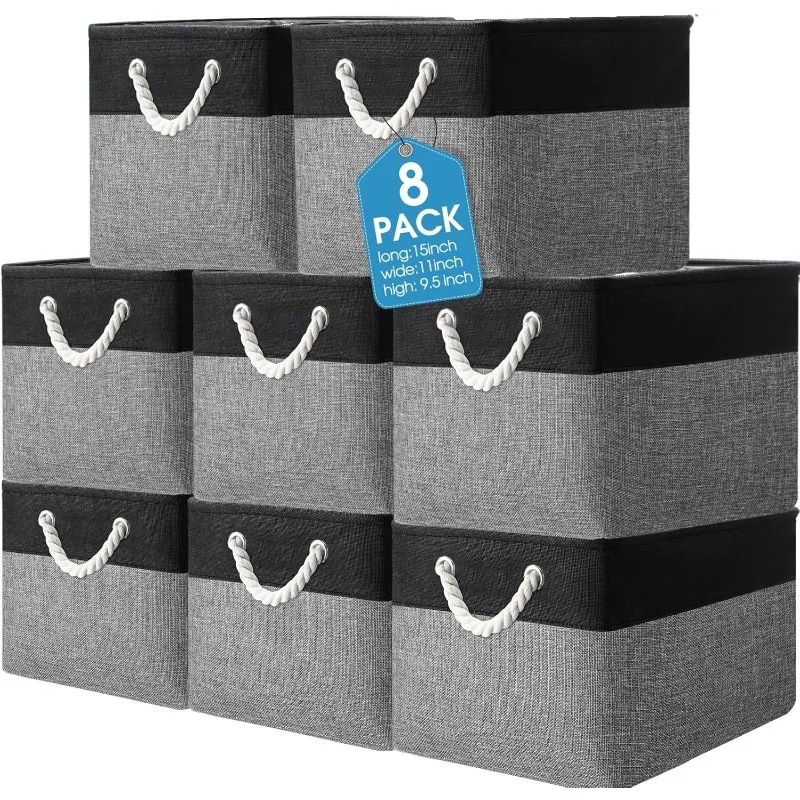 

8 Pack Collapsible Storage Bins Fabric Storage Bins Polyester Fabric Baskets with Handles Linen Closet Organizer for Shelf Home