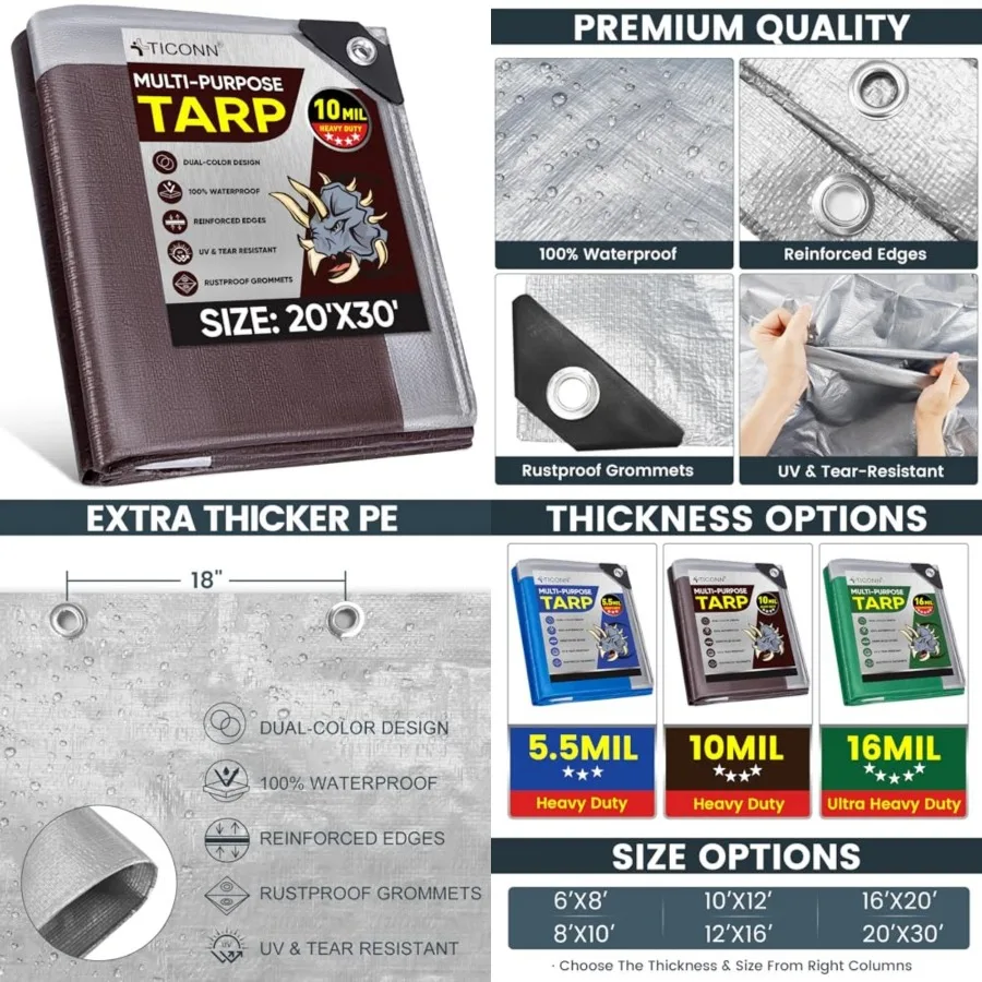 Heavy Duty Tarp Cover, Extra Thick Tarps Waterproof Tear and Rip Proof UV Resistant Tarpaulin with Reinforced Grommets and Edge