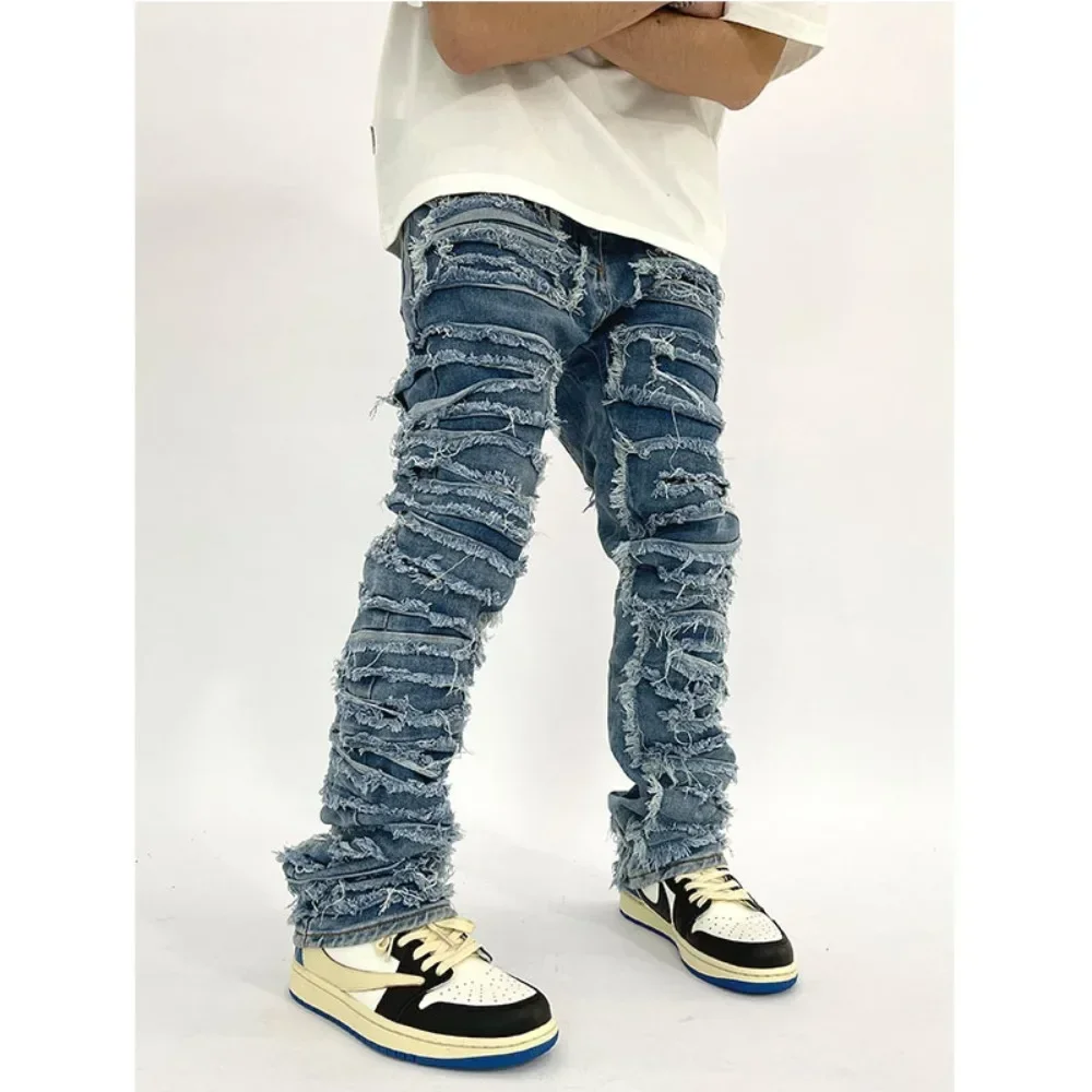 DAILOU European and American Men's High Street Ins Washed New American Jeans, Men's Distressed Slim Fit Straight Leg Pants