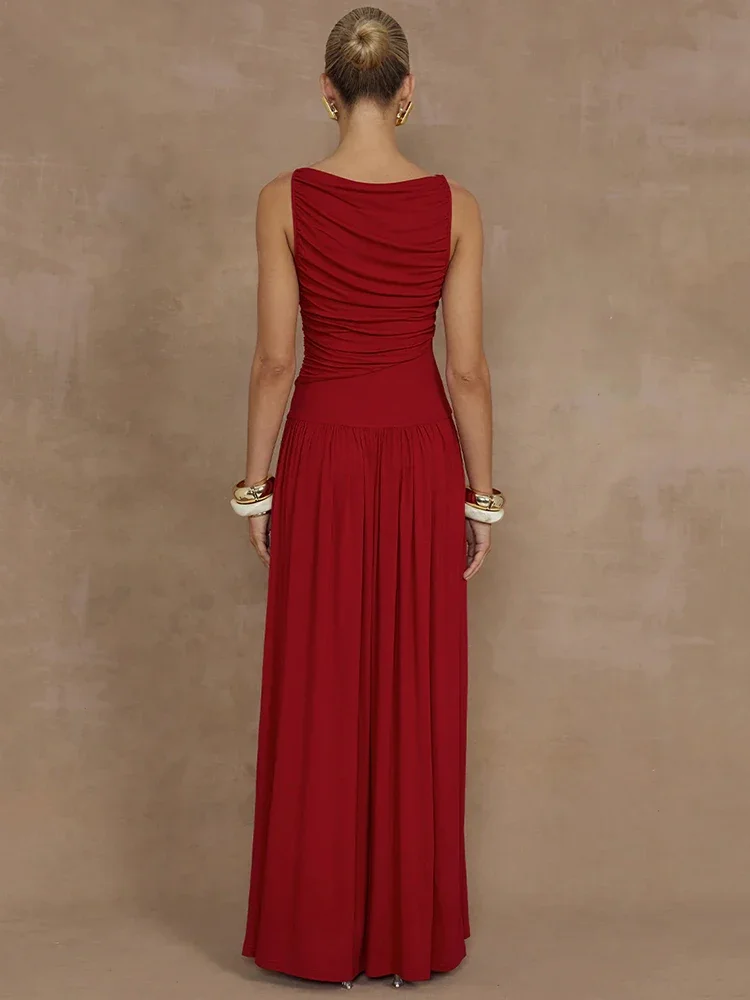 Elegant Sleeveless Maxi Dress For Women Fashion Solid Boat Neck Tank Dresses Ladies Sexy Ruched Long Dress New Gown