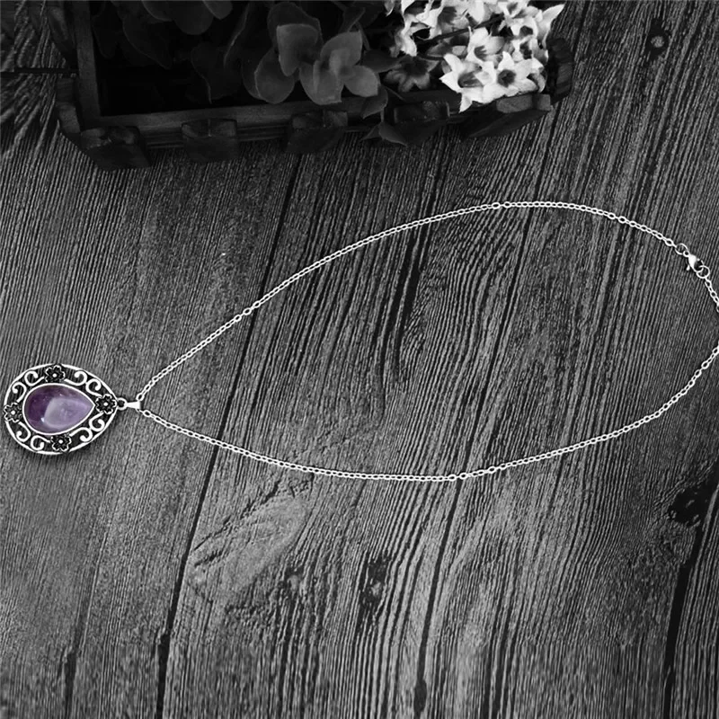 Vintage Water Drop Pendant Natural Amethysts Sets For Women Antique Silver Plated Flower Stone Necklace Earring Fashion Jewelry