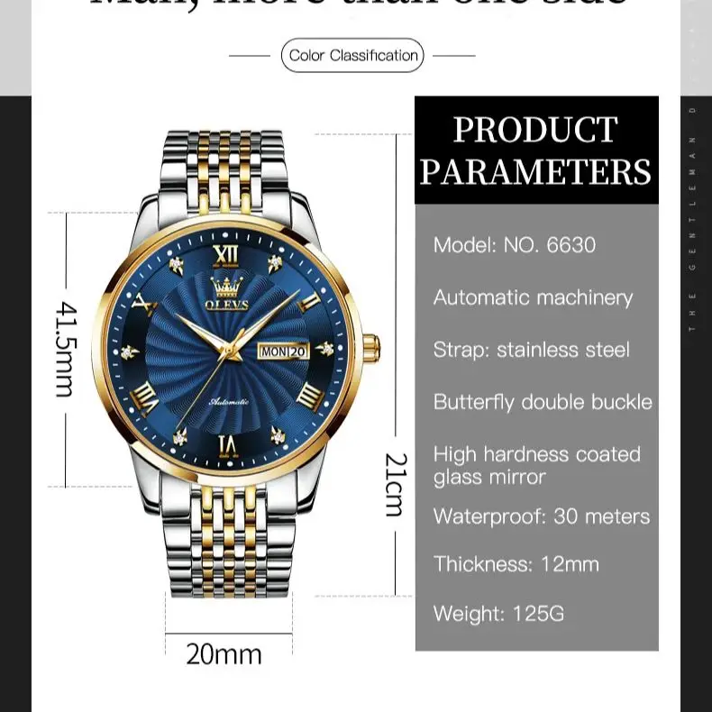 OLEVS 6630 Men's Watch Original Men's Automatic Mechanical Watch Business Waterproof Date Week Roman dial Luxury brand Men Watch