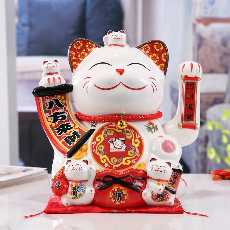Ceramic Lucky Cat Customized Waving Paw Cute Smiling Face Ornament Home Store Opening Gift