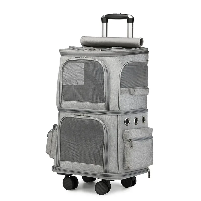 Pets Trolley Case Cat Dog Bag Suitcase Travel Luggage Collapsible 4 Wheel 2 Layer Storage Box Breathable Handbag Pet Stroller