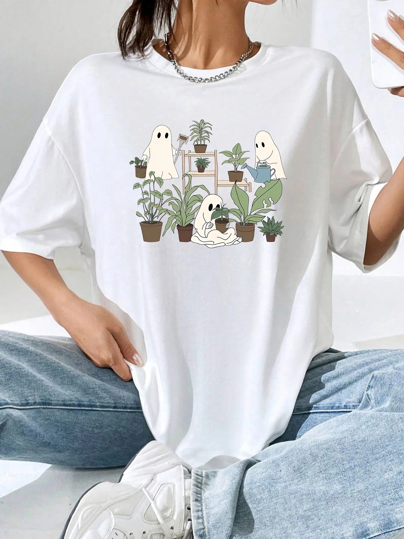 Halloween Ghost & Plant Graphic Womens T-Shirt - Casual Loose Fit Round Neck Tee with Short Sleeves - Perfect for Sports