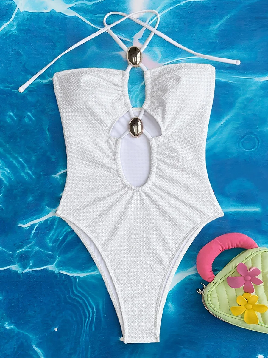 Wrinkled Halter Metal Rings Hollow Out Women Bandeau Swimwear One Piece Swimsuit Female Monokini High Cut Bathing Suit Swim Lady