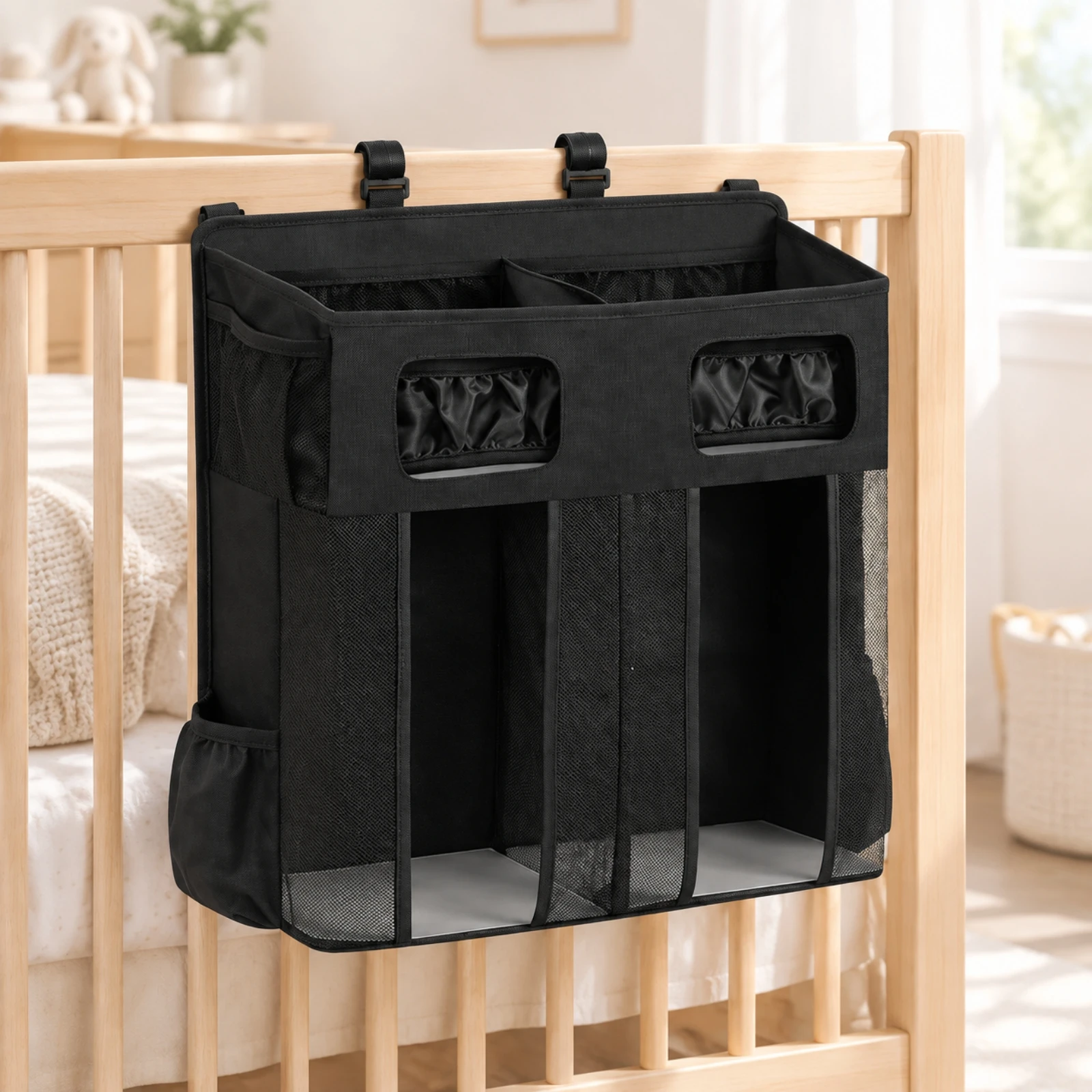Hanging Baby Diaper Organizer Quick-Access Crib Hanging Diaper Organizer with Wipe Openings Space-Saving Spacious