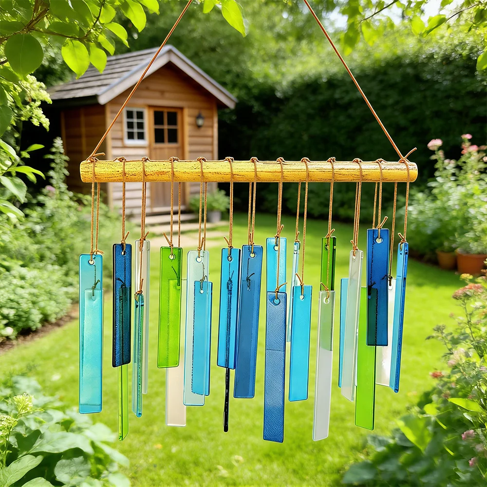 Blue Handworks Sea Glass and Driftwood Chime - Sandblasted Glass and Found Wood Hand Crafted Wind Chime