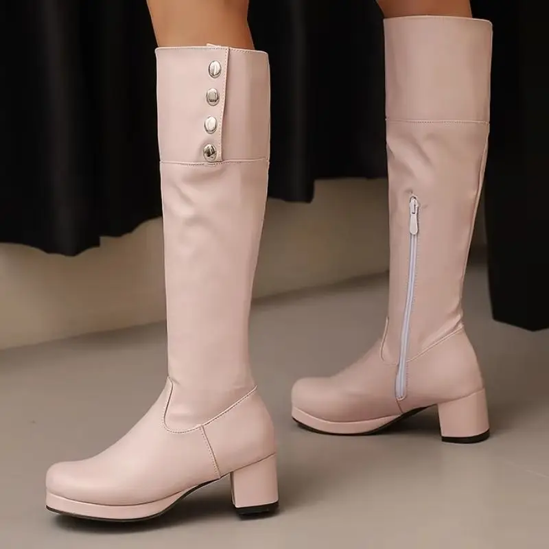 

Женские сапоги до колена, осень-зима 202, черно-белая обувь на низком каблуке, длинные сапоги, женская обувь, большой размер 45, 48