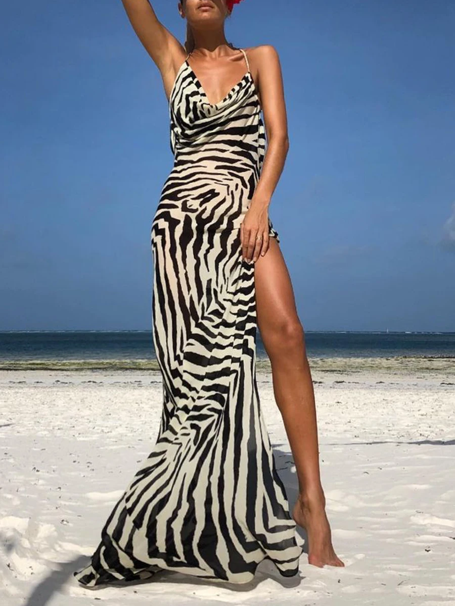 Yiiciovy Sexy Women\'s Split Beach Long Dress Cover-Ups Zebra Stripe/Leopard Print Summer Backless Dress for Beachwear Streetwear