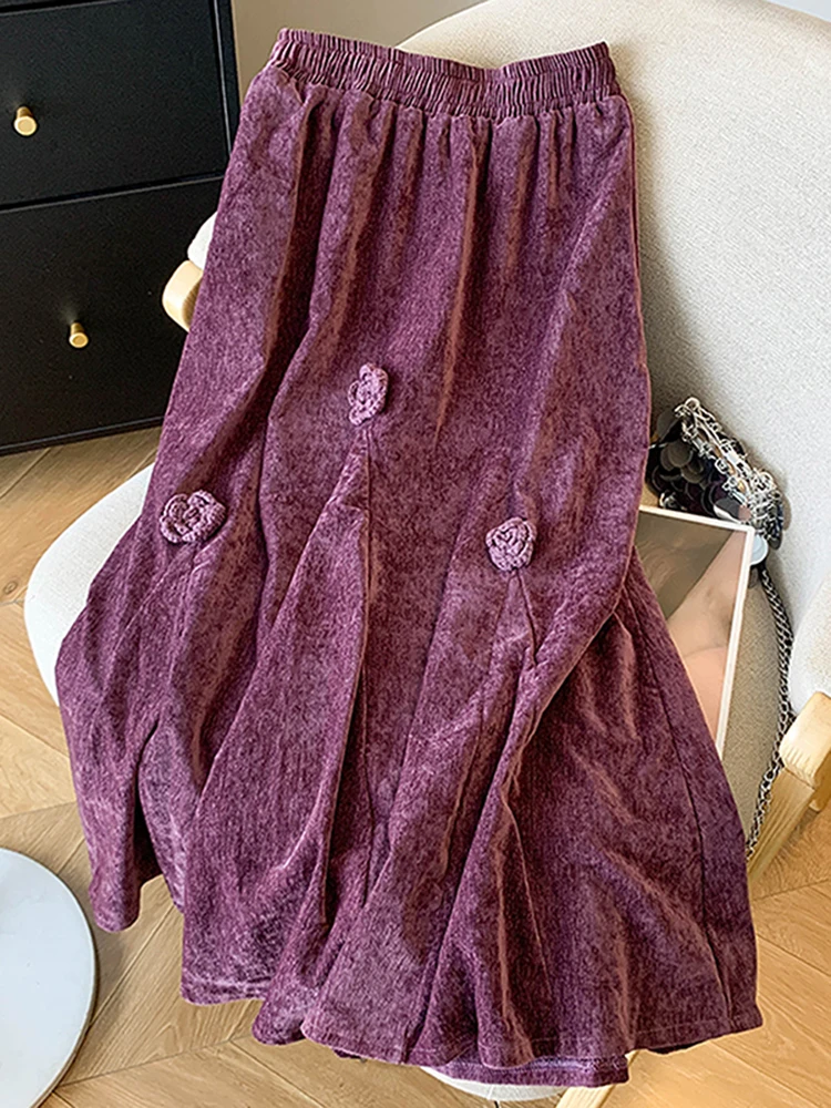 

High Waist Corduroy Skirt with 3D Flower Design in Purple Color for Women Spring New Sle A-Line Slimming Midi Skirt