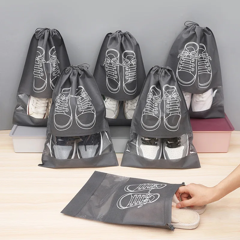 Portable Drawstring Shoe Storage Travel Bags With Clear Window Dust Proof Organizer Pouch For Home Travel Closet Daily Use