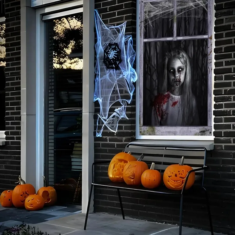 

2 Pack Halloween Ghost Curtain Decorations - Female Ghost Window Cover for Indoor/Outdoor Party Decor