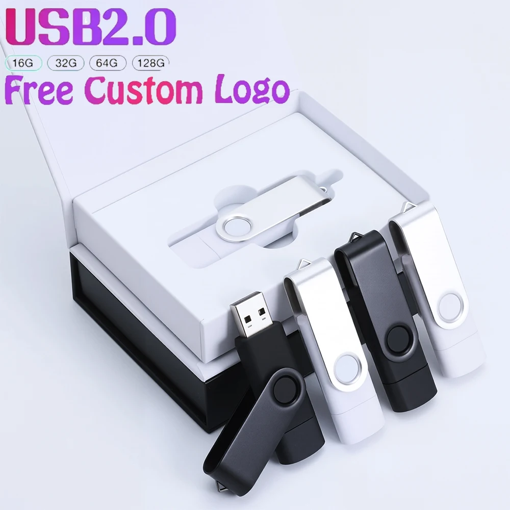 Gift Box Free Custom Logo USB Flash Drive 128MB 256MB 1GB 2GB Type-C Dual-Use Rotating Pendrive 128GB 64GB 32GB for Photographer