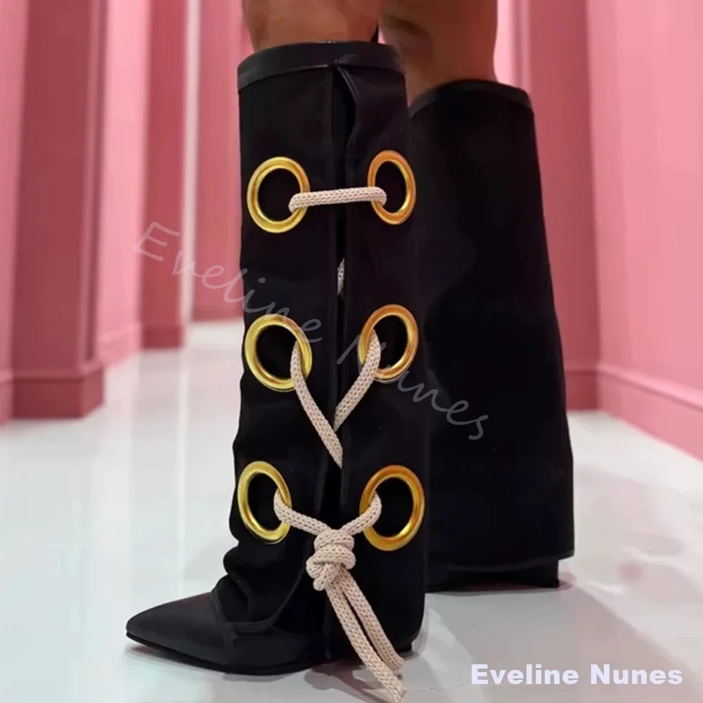 

Hemp Rope Cross Strap Canvas Boots Women Gold Round Buckle Sexy Pointed Toe Wedges Boots 2026 Winter New Trendy Elegant Boots