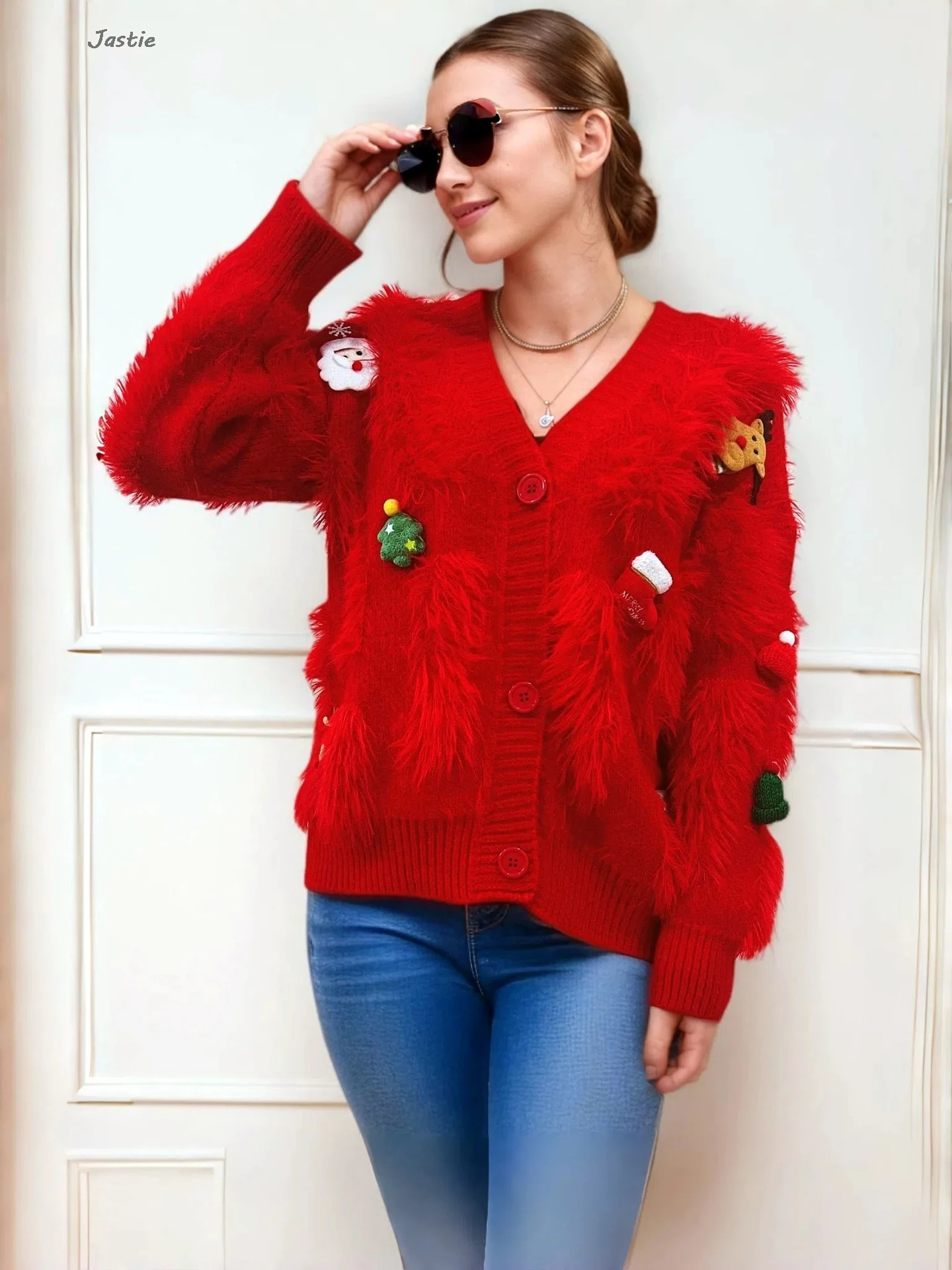 2025 New Lovely Christmas Sweater V-neck Single Breasted Casual Top Woman Fashion Mohair Knit Cardigan Coat