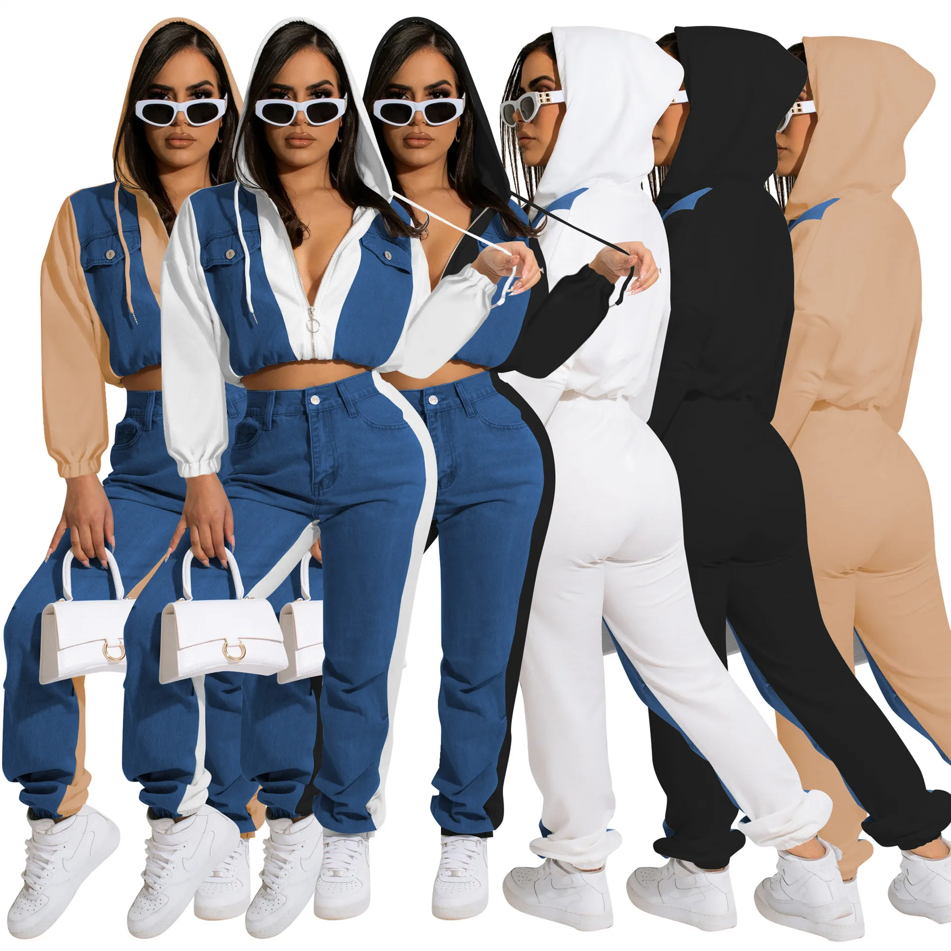 

Women's Denim Cargo Pants, Casual Suit, Joggers, Women Trousers, Sweatpants, Y2K Pants, Streetwear, New, 2Pcs Set