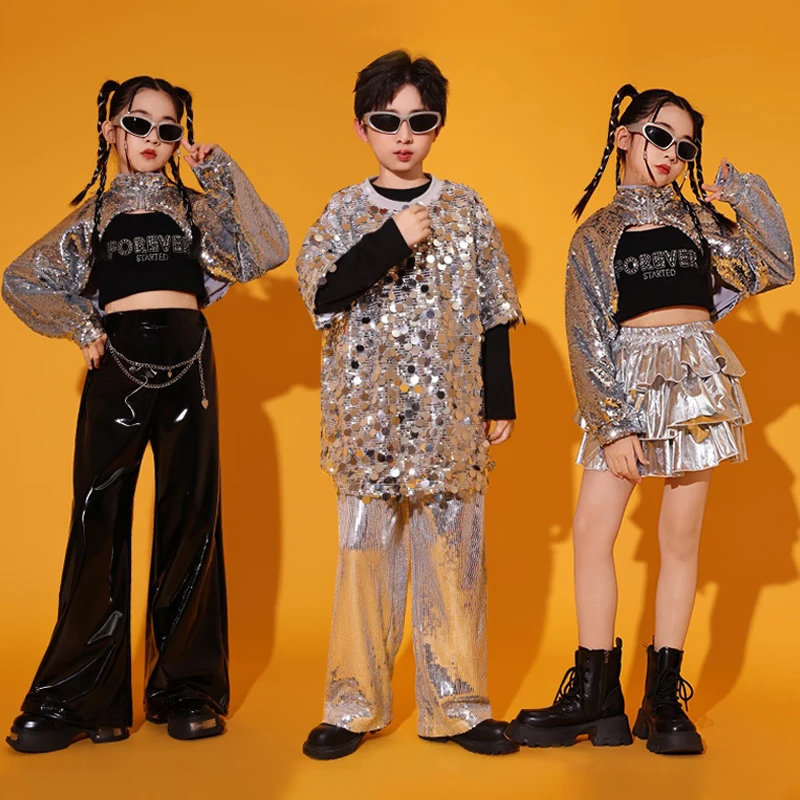 

Kpop Jazz Dance Costume Girl Silver Sequin Tops Cake Skirt Runway Outfit Children Stage Show Performance Wear Streetwear VDL3394