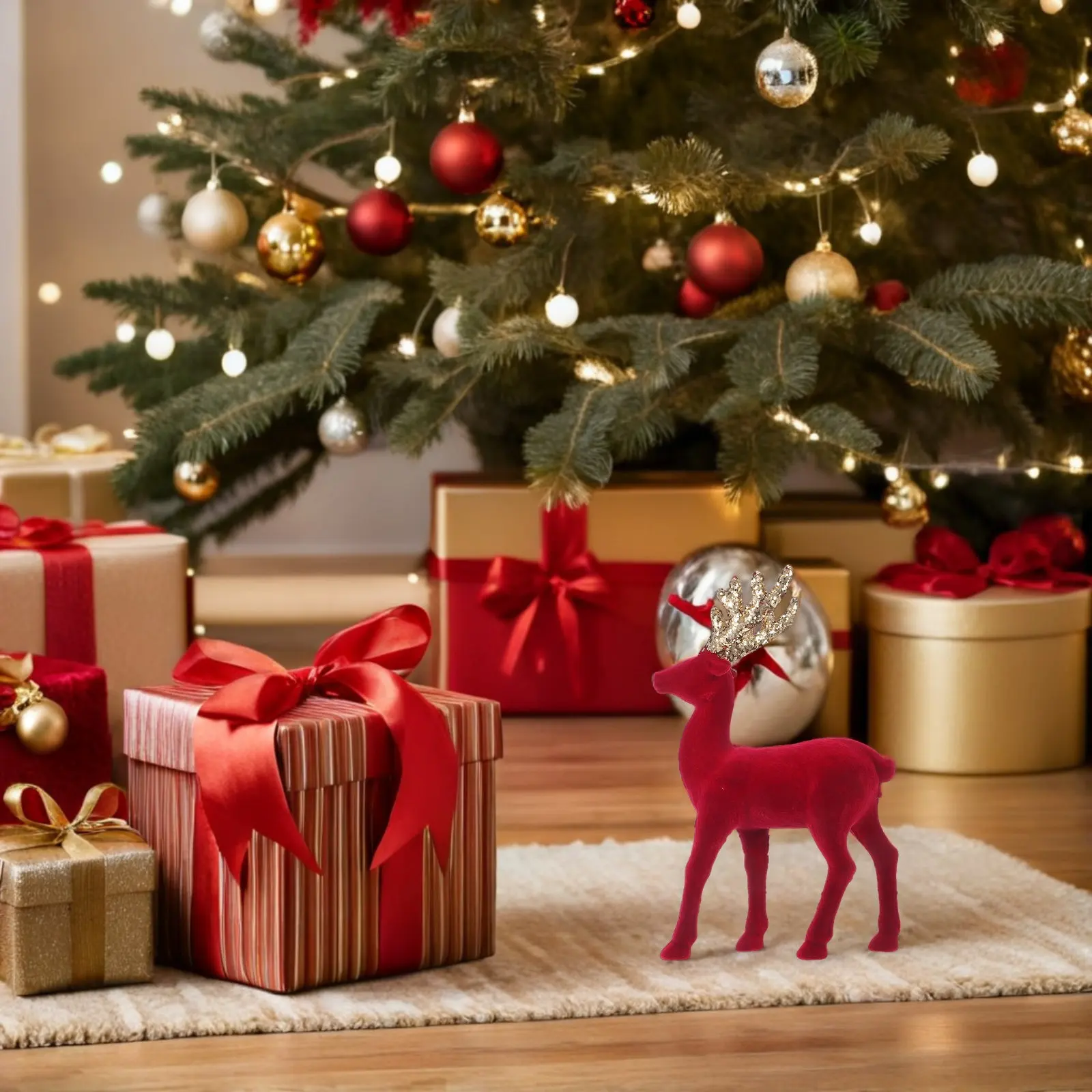 Red Glitter Reindeer Statue Flocked Texture Elegant Holiday Table Decor Christmas Mantle Centerpiece Winter Theme Decoration