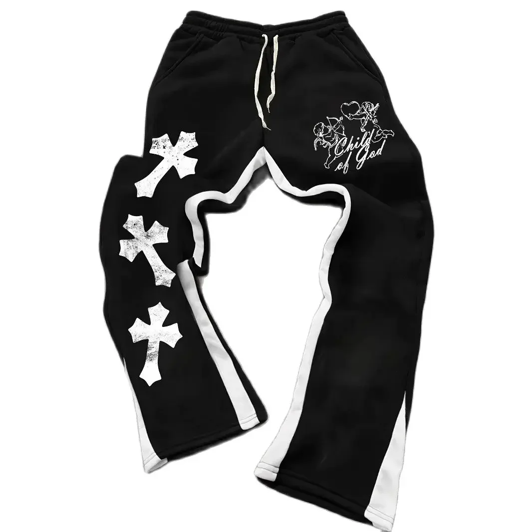 Neue lässige Street-Style-Sweatpants für Herren mit trendigem Kreuz-Print, modisch leicht ausgestelltem Schnitt und schwarz-weißem Color-Block-Design. – Detail 3