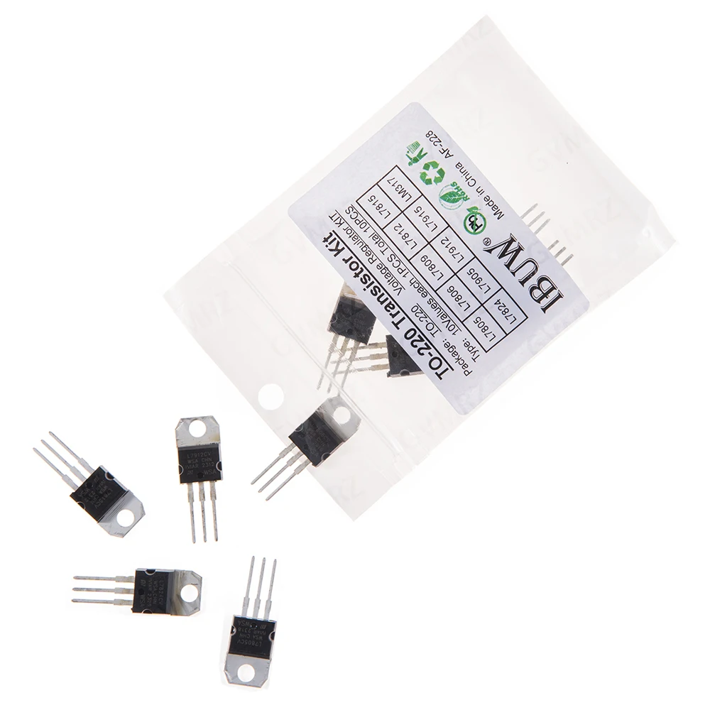 10PCS 10Values L7805 TO-220 Transistor Kit (L7805/L7812/LM317 etc.) Voltage Regulator for Industrial Power Supply DIY Project