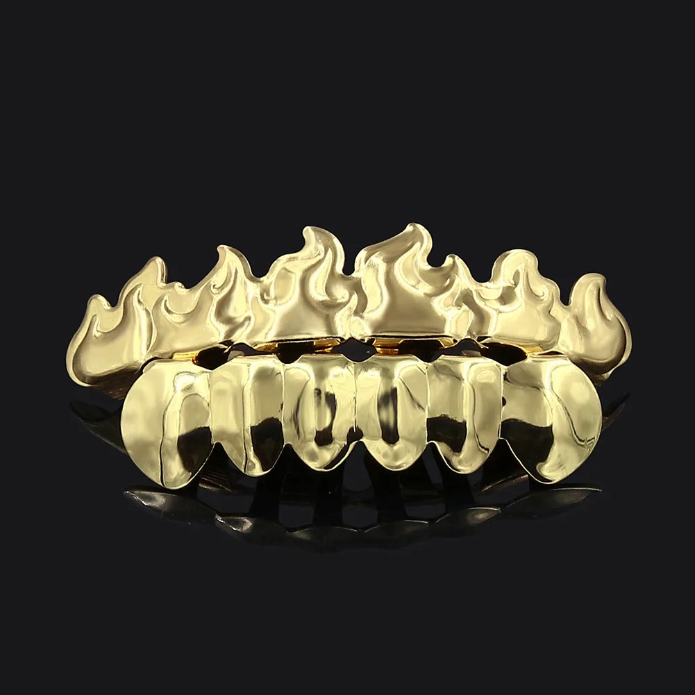 Banhado A Ouro Cor HIP HOP Dentes Grillz, Folha De Chama, Conjunto De Grelha Superior e Inferior, Dentes De Vampiro De Silicone, Presente De Natal