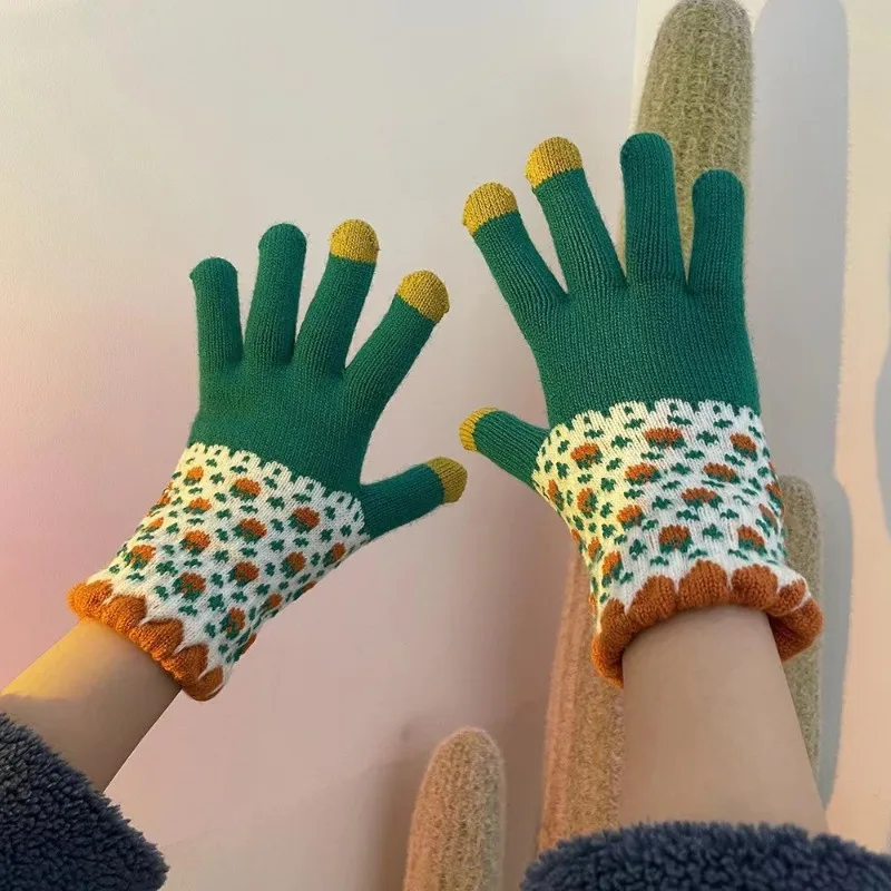 Winter Cute Female Gloves with for Warmth and Cold Protection Student's Five Finger Woolen Yarn Autumn and Winter Gloves
