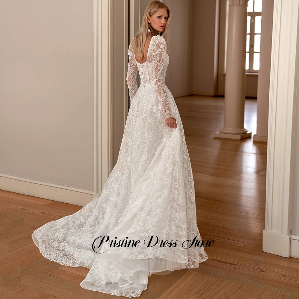 فستان الزفاف البوهيمي مخصص الدانتيل ساحة طوق قابل للتعديل طويلة الأكمام زي العرائس ألف خط تول فساتين الزفاف للعرائس